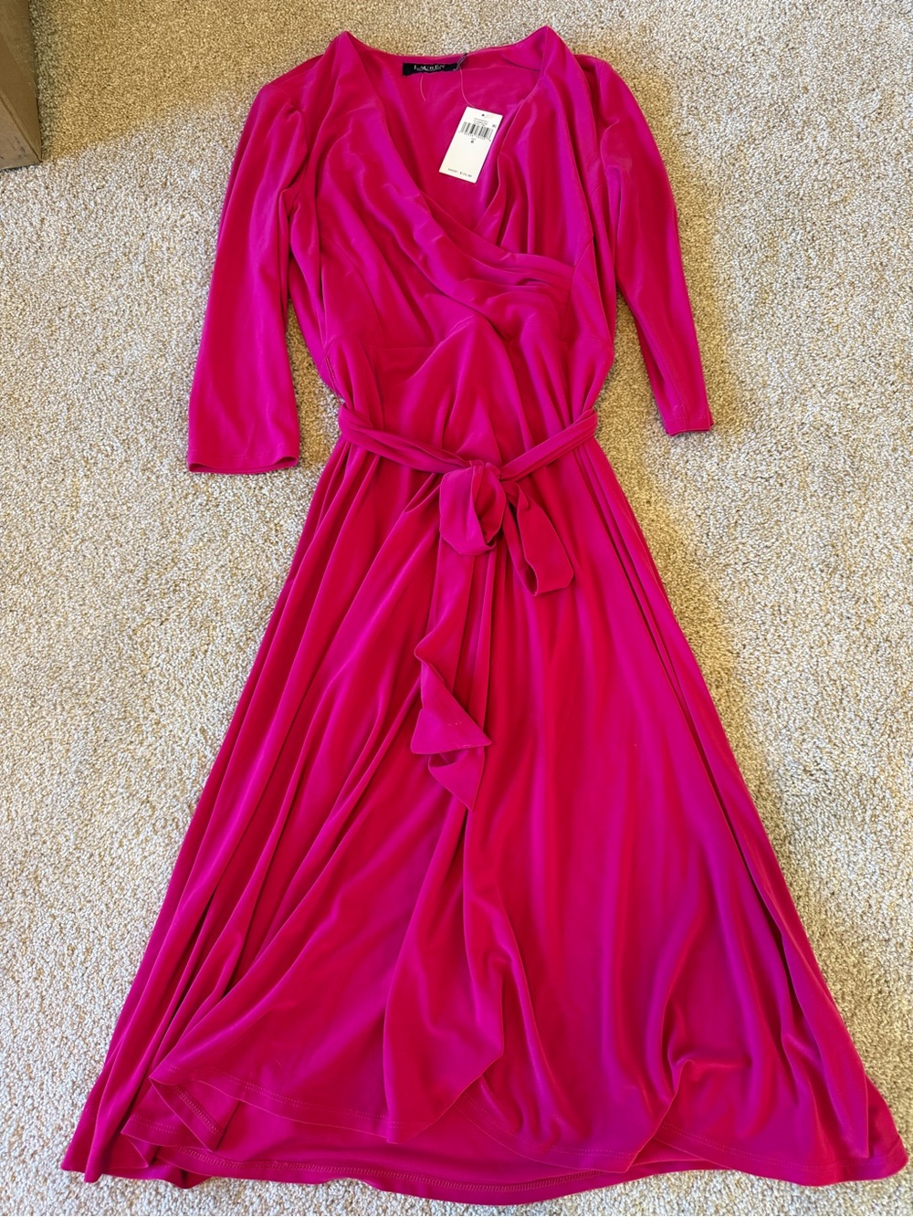 NWT NEW RALPH LAUREN SPORT PINK JERSEY 3/4 SLEEVE MIDI DRESS SIZE 6